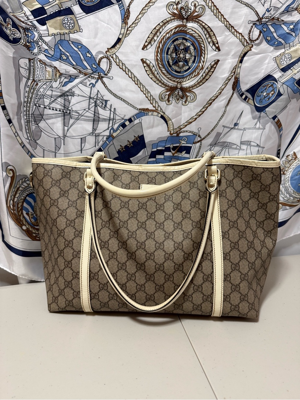 Gucci Beige GG Canvas Tote with Cream Leather Trim